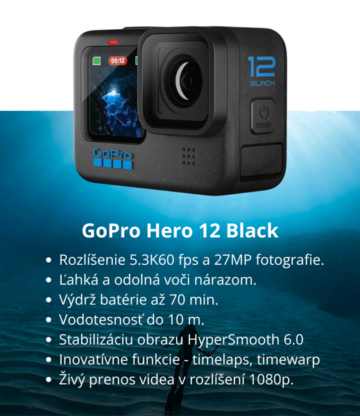GoPro Hero 12 Black - akčná kamera s rozlíšením 4K a stabilizáciou obrazu pre krajšie zábery|Xtreme.sk