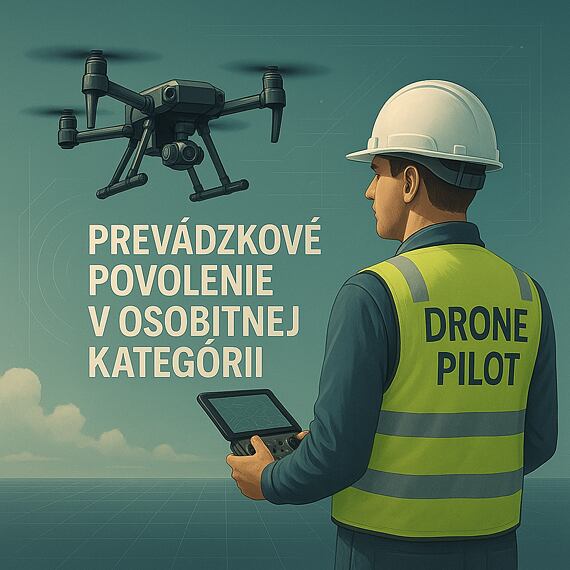 Prevádzkové povolenie pre drony / bezpilotné zariadenia - Muž v reflexnej veste a prilbe riadi lietajúci dron pomocou ovládača, s textom o prevádzkovom povolení pre drony v osobitnej kategórii. Prevádzkové povolenie pre drony / bezpilotné zariadenia - Muž v reflexnej veste a prilbe riadi lietajúci dron pomocou ovládača, s textom o prevádzkovom povolení pre drony v osobitnej kategórii.